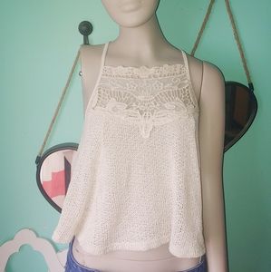 Rue 21 cream knitted lace illusion crop top